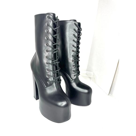 Saint Laurent Black Cherry Leather Platform Ankle Boots lace-up Designer EU 36.5 - Picture 12 of 14